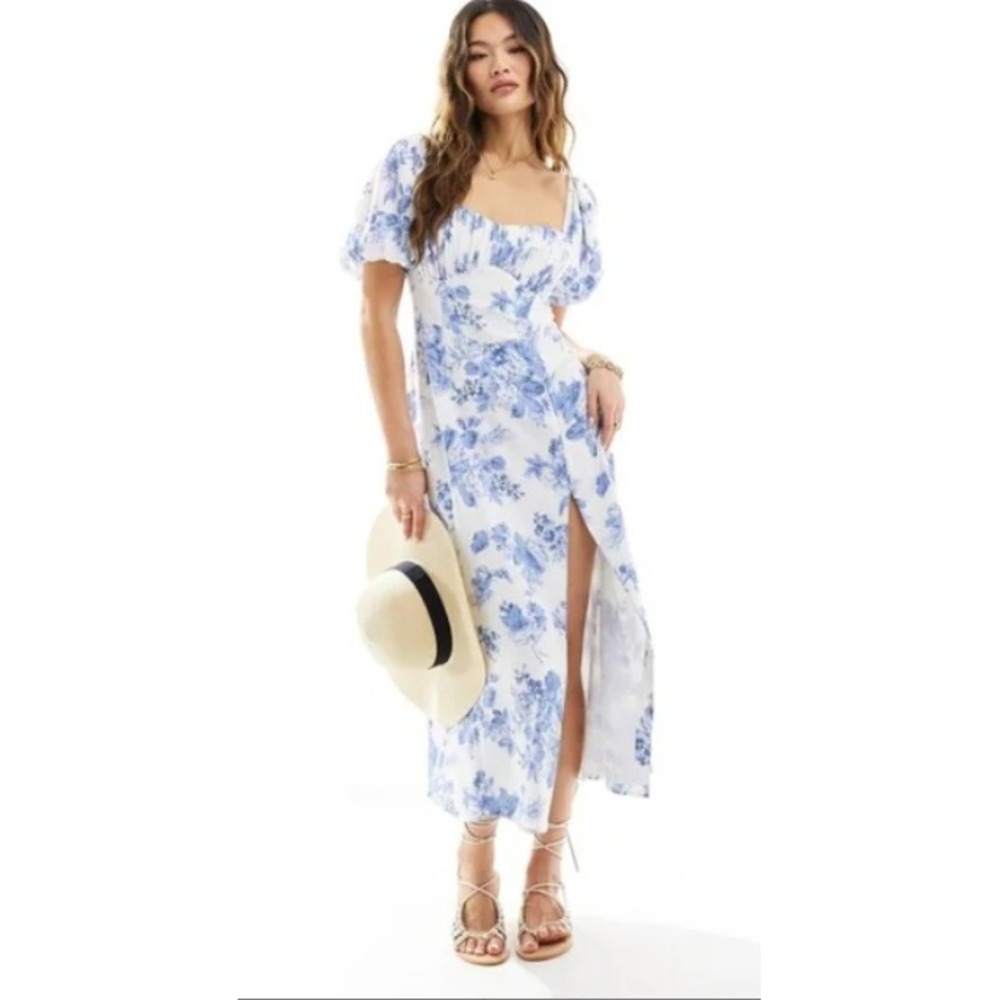 Abercrombie & Fitch White Floral Midi Dress with Blue Print